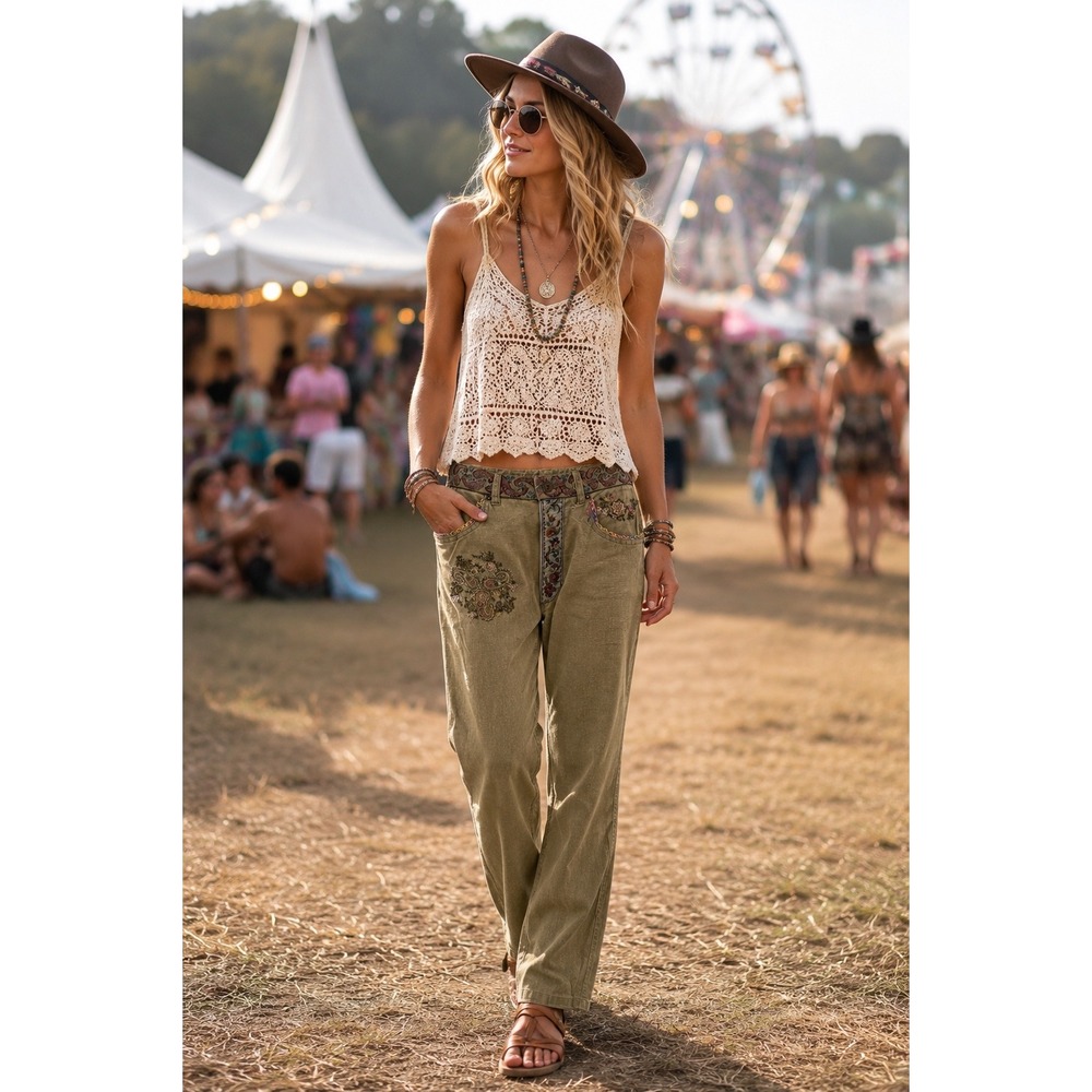 Cambridge Dry Goods Vintage Embroidered Linen Cotton Pants Olive Green Boho 8